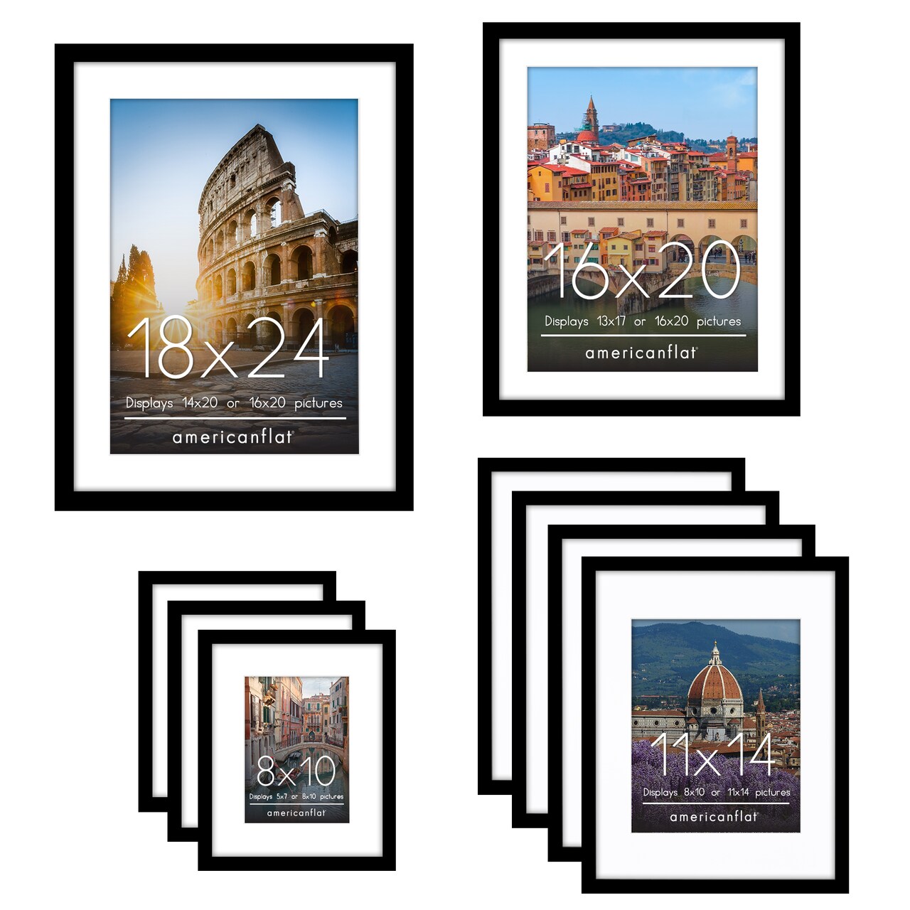 Americanflat Black Picture Frame Gallery Set - Shatter-Resistant Glass - White Mats - 9 Pack - Multi - Size for 8x10, 11x14, 16x20, 18x24